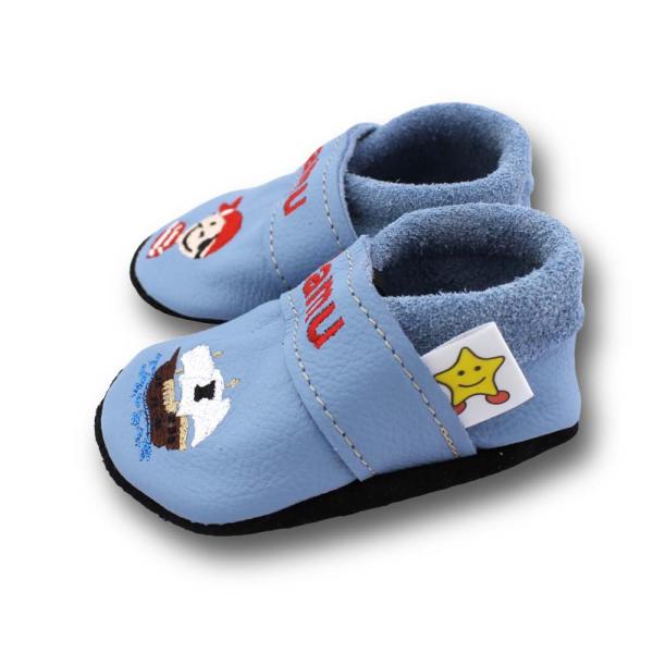 Krabbelschuhe Pirat & Schiff hellblau